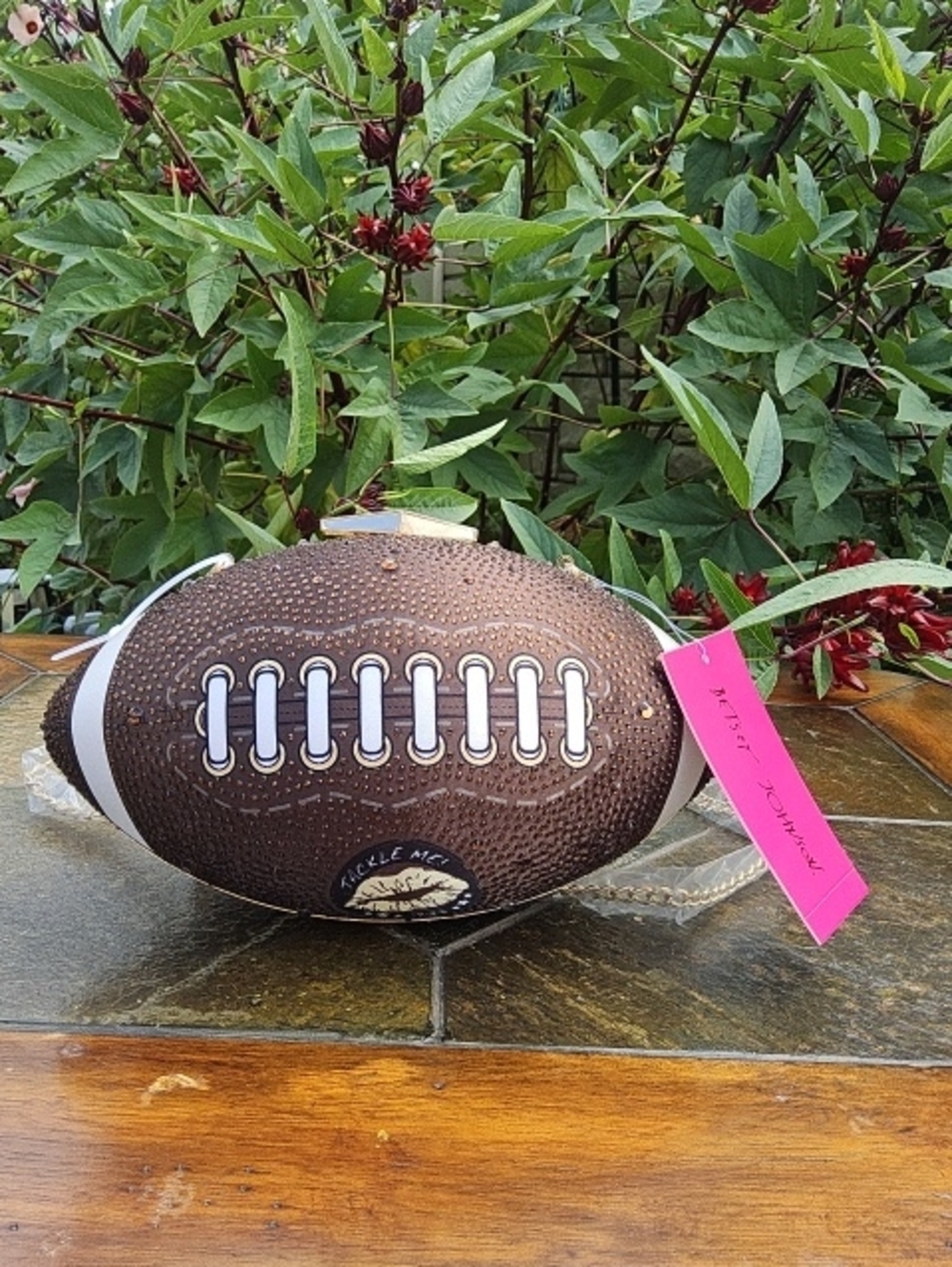 Betsey Johnson Brown Football Wristlet with Pink Tag and Gold Chain